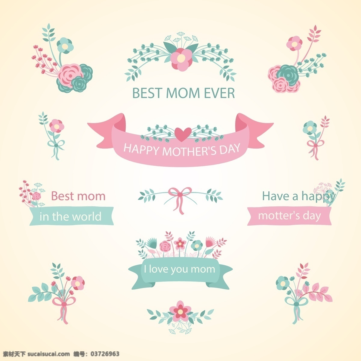 母亲节 矢量 花环 横条 英文 花草 粉红色 矢量素材 母亲节快乐 底纹边框 花边花纹