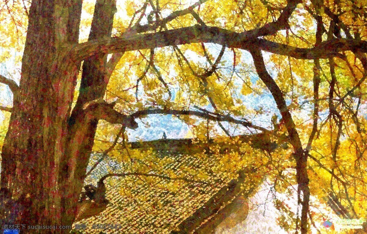 风景 绘画书法 秋天 山村 数字油画 文化艺术 银杏树 油画 秋天设计素材 秋天模板下载