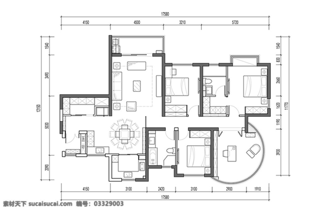 cad 三室 两 厅 户型 平面 布置 方案 多层 图 定制 高层 居室 平面图 三室一厅 居室布局定制