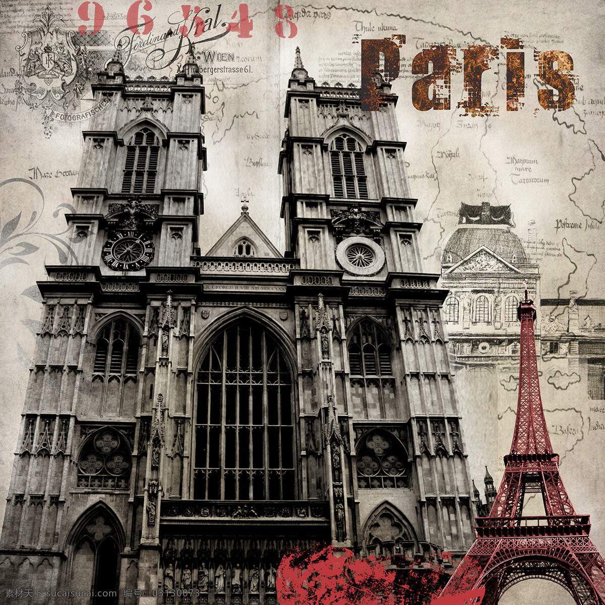 复古 著名 建筑 画 芯 装饰 挂画 巴黎风景 国外 灰色 画芯