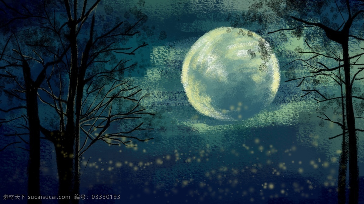 夜晚 蓝色天空 中 白色 月亮 树林 卡通 背景 蓝色 天空