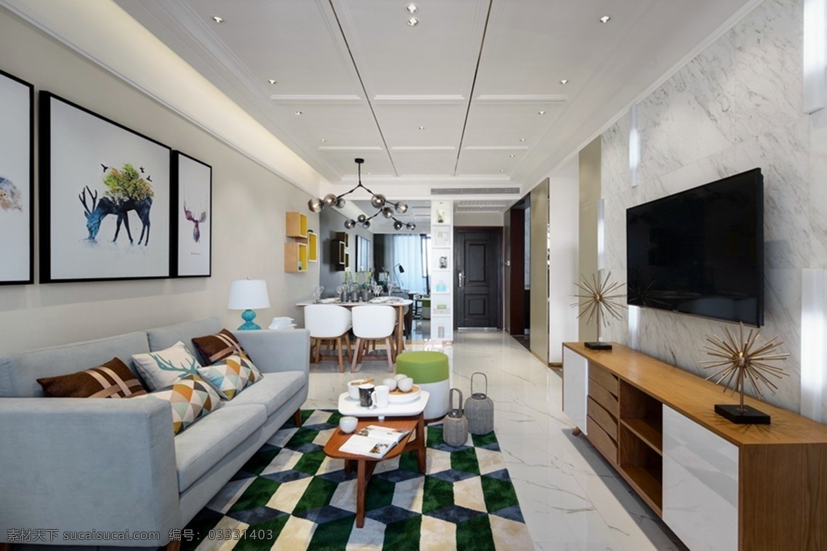 现代 时尚 客厅 方块 格子 地毯 室内装修 效果图 客厅装修 白色背景墙 灰色沙发 木制茶几