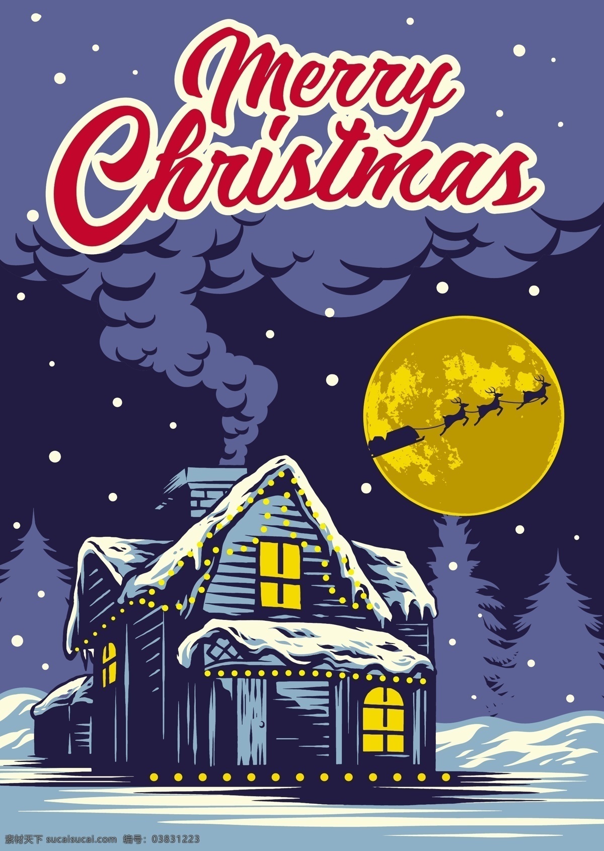 圣诞贺卡 带 夜 背景 矢量 海报 炊烟 房子 红色圣诞字体 雪 月亮