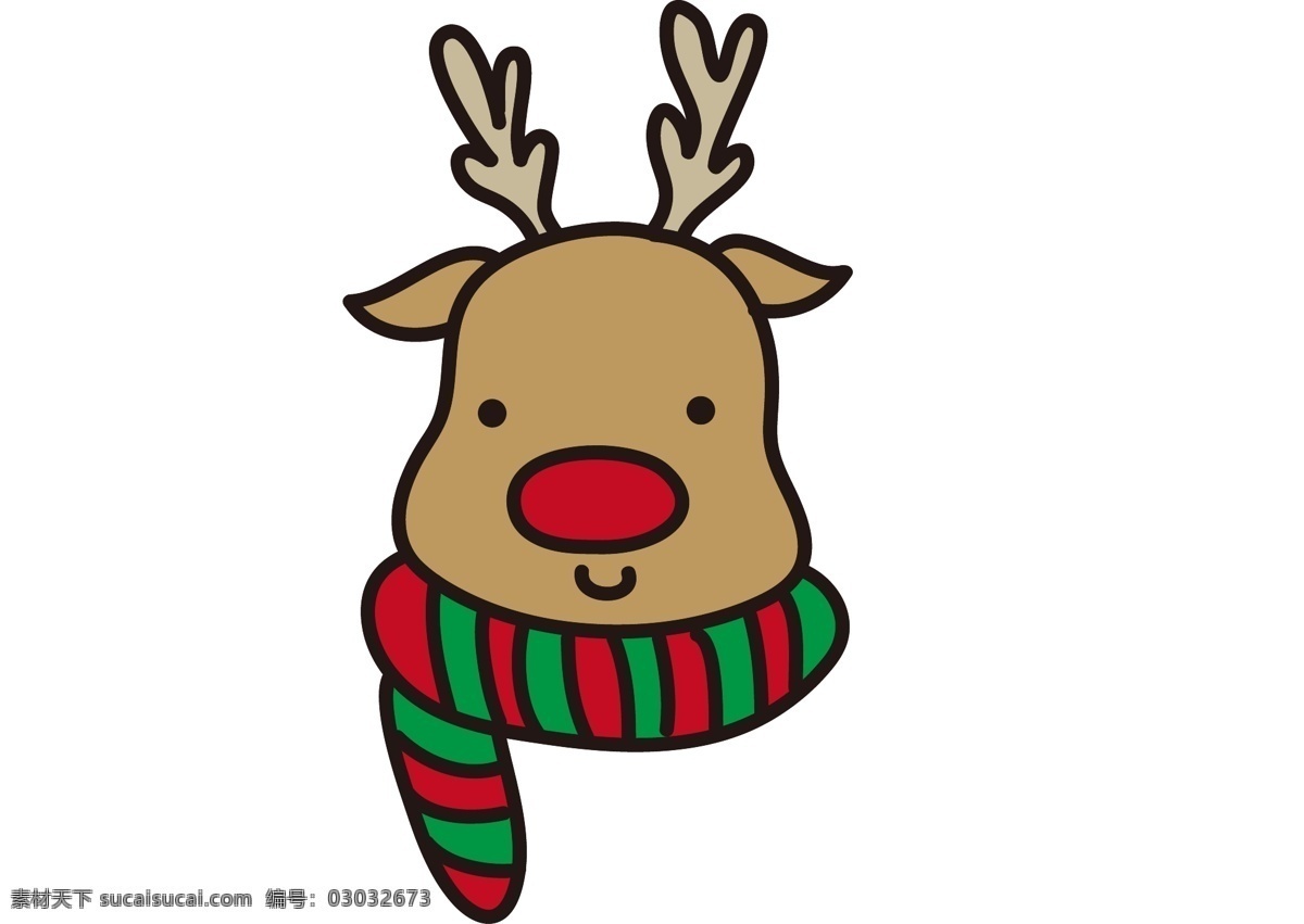 矢量 手绘 卡通 圣诞 鹿 圣诞鹿 鹿角 鹿头 红色 绿色 搭配 围巾 红鼻子