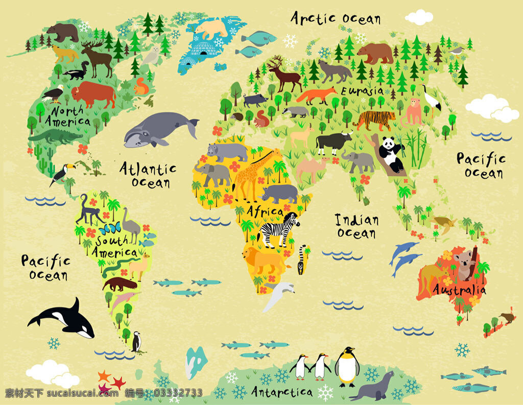 卡通动物地图 卡通 动物 地图 挂画 装饰画 无框画