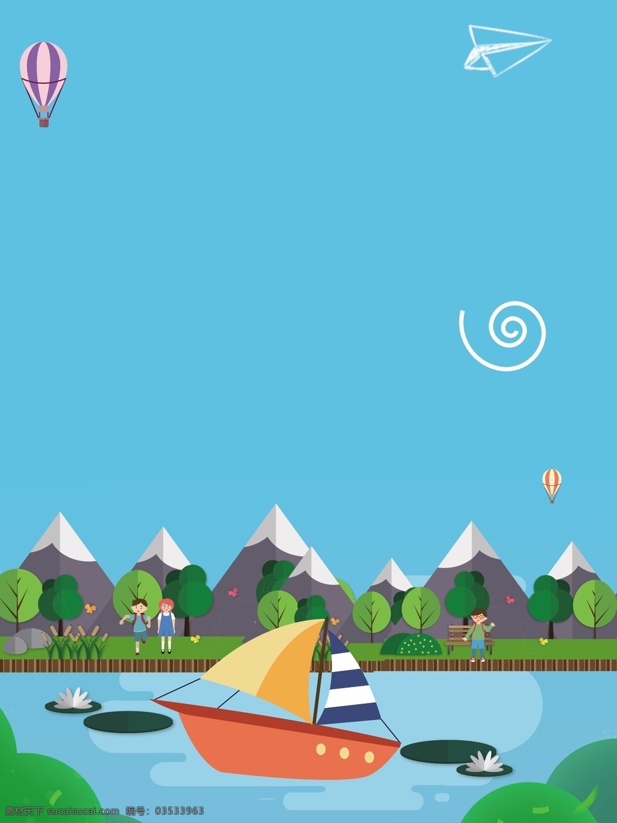 清新 湖面 泛舟 广告 背景 广告背景 热气球 纸飞机 植物 荷花 划船 手绘