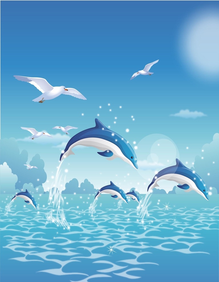 动漫动画 动漫风景 卡通动物 卡通画 卡通风景 白云 蓝色背景 花 美丽浪花 美丽风景 气泡 大海 海洋生物 珊瑚 色彩斑斓 海豚 海鸥 风景漫画 itf