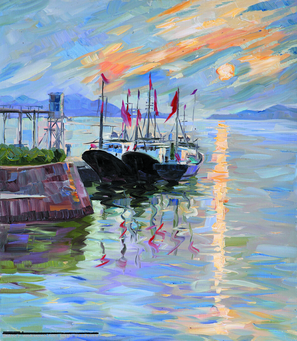 朱家尖 大 西岙 村 美术 油画 风景 海湾 渔船 落日 油画作品85 文化艺术 绘画书法