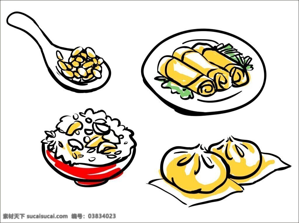 平面 线 稿 手绘 食物 装饰 图案 线稿画 米饭 春卷 包子 手绘食物