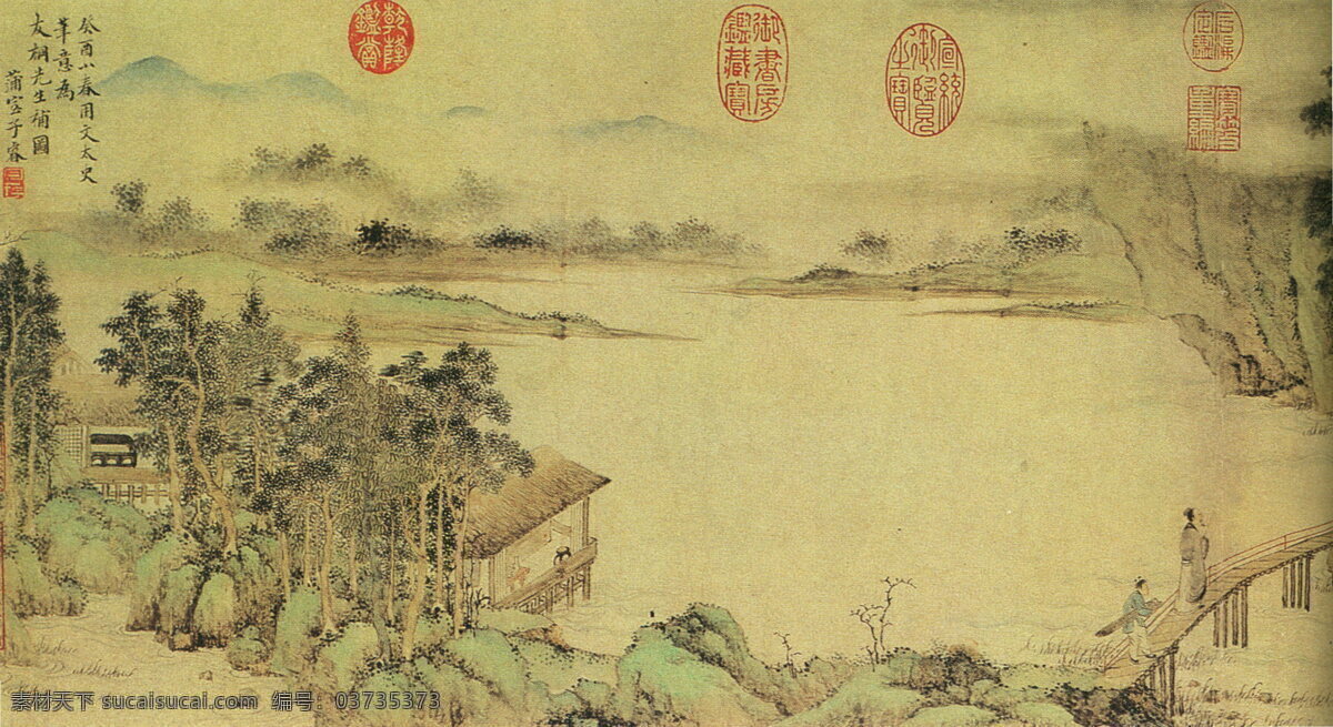 携琴访友图a 山水画 中国 古画 中国古画 设计素材 山水名画 古典藏画 书画美术 黄色