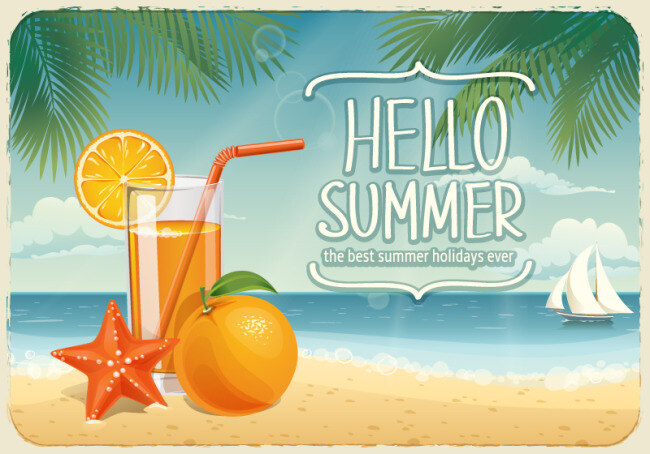 你好 夏日 沙滩 海报 矢量 背景 度假 椰子树 海报背景图