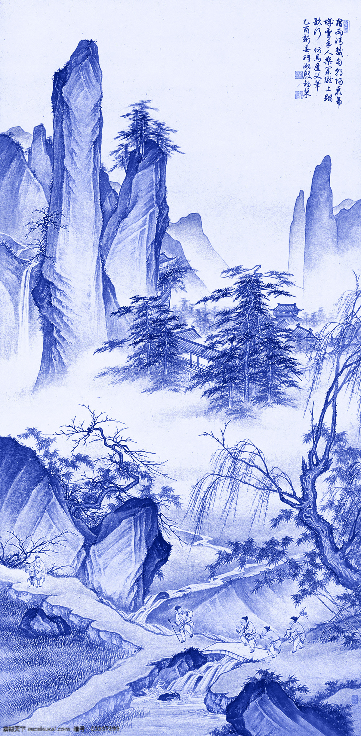 青花山水画 青花瓷 陶瓷兰彩 陶瓷 蓝 蓝彩 釉中彩 兰花 工笔画 国画 釉中 兰釉彩 兰釉 兰彩背景 绘画书法 文化艺术