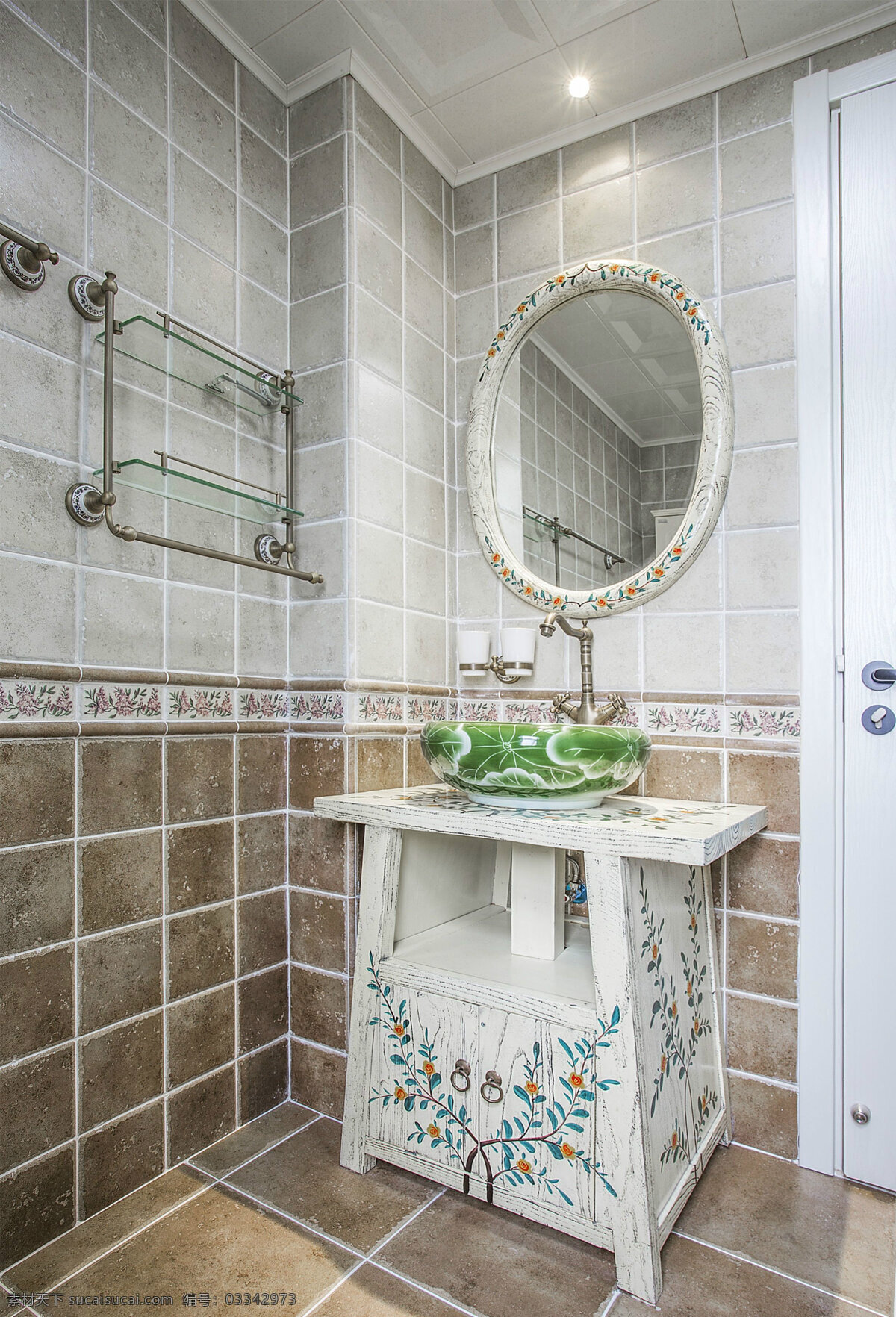 北欧 清新 浴室 格子 背景 墙 室内装修 效果图 浴室装修 花纹洗手台 浅褐色地板 圆形镜子
