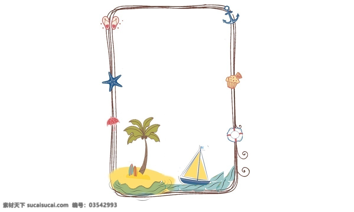 创意 卡通 夏季 海滩 元素 边框 创意边框 卡通边框 沙滩边框 海边边框 可爱边框 沙滩 海岛 船只 冰淇淋 拖鞋