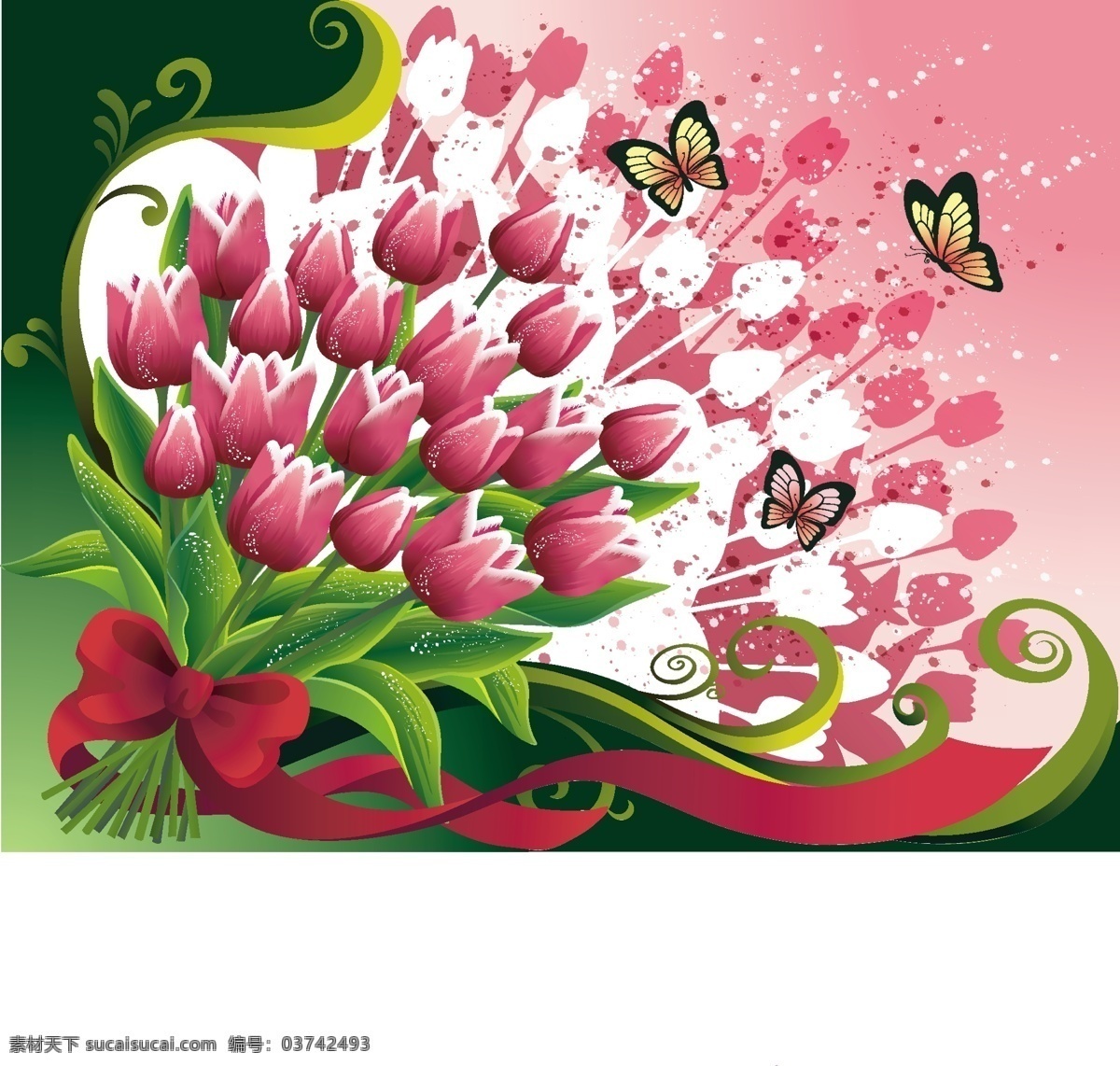 韩国矢量图案 郁金香 花卉 蝴蝶 卷材纹 韩国图案 底纹边框 背景底纹 白色