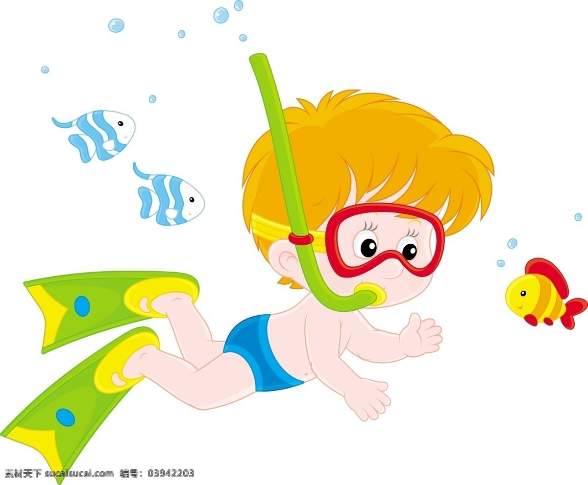 卡通 儿童 潜水员 卡通儿童 鱼儿 卡通潜水员 潜水 海底 潜水运动 职业 卡通插画 体育运动 生活百科 矢量素材 白色
