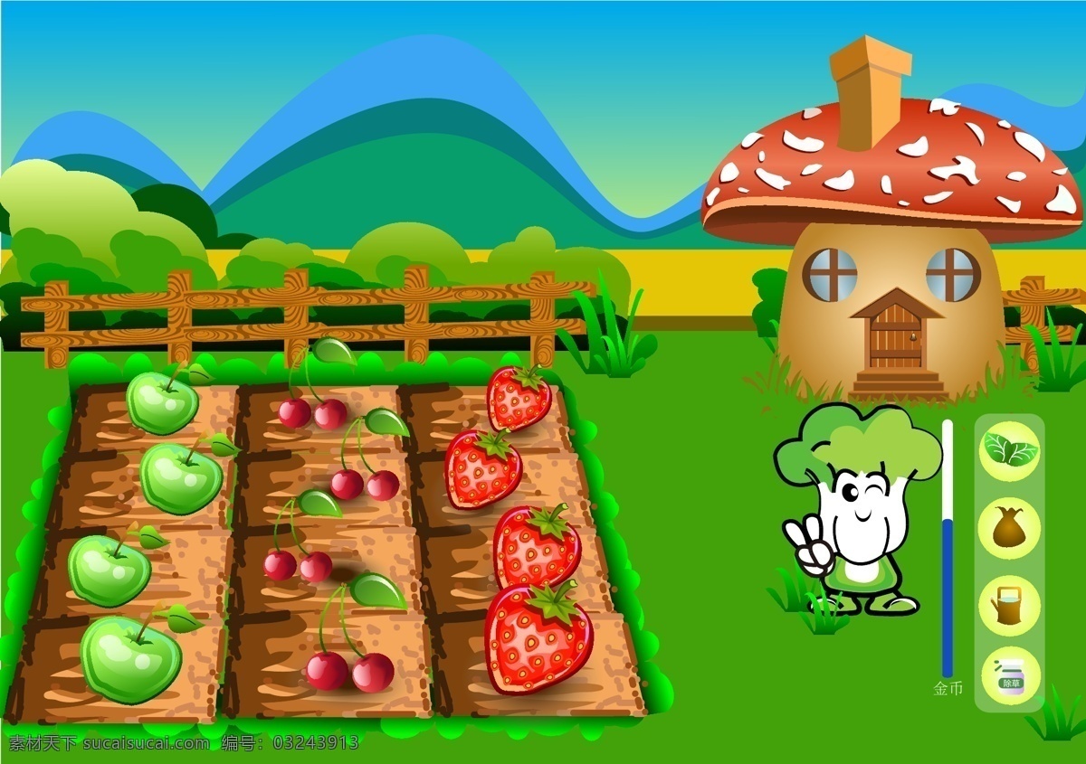 农场 水果 卡通人物 游戏界面 矢量图