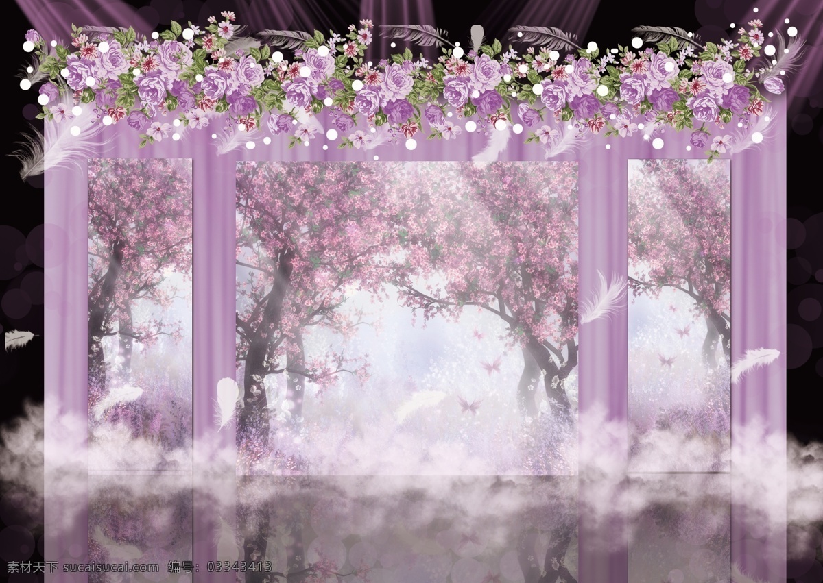 浅紫色 梦幻 婚礼 甜品 区 效果图 唯美 梦境 初恋 蓝天 树荫下