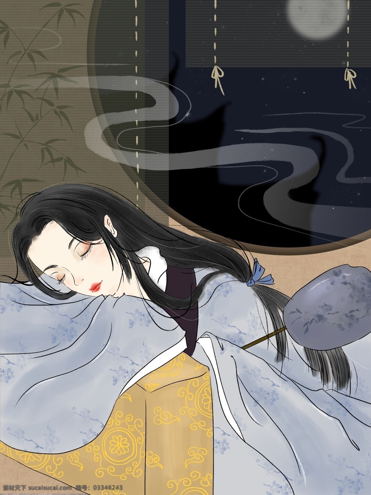 晚安 世界 安睡 少女 古风 插画 蓝色 小清新 封面 商业 晚安世界 中国风 手绘 水墨彩绘 夜晚 安静 绘本