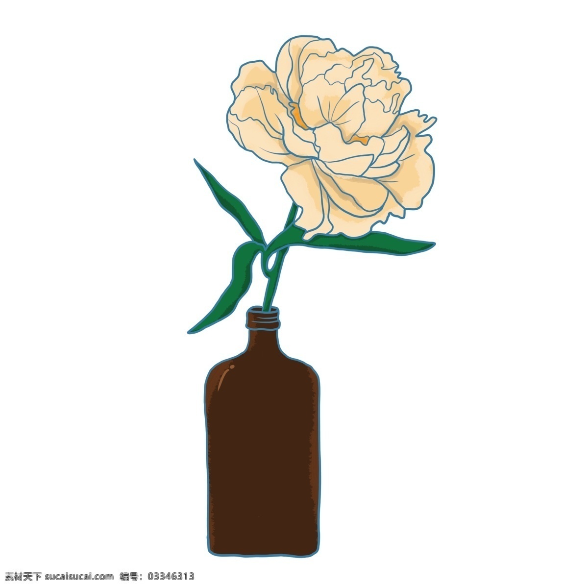 简约 描 手绘 风 枝 花 植物 元素 花瓶 一枝花 花卉 元素设计 绿叶