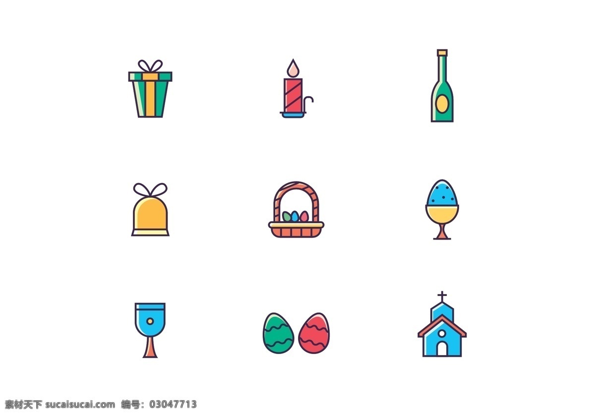 复活节 彩色 图标 icons 线性图标 图标设计 矢量素材 复活节图标 蜡烛 礼物 铃铛 教堂