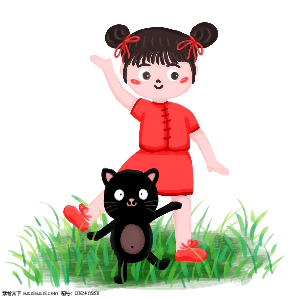 插 画风 春天 草地 女孩 猫咪 跳舞 插画风 草 青草 叶 叶子 红裙 女子 黑猫 猫 小猫 动物 人物 女 大自然 自然