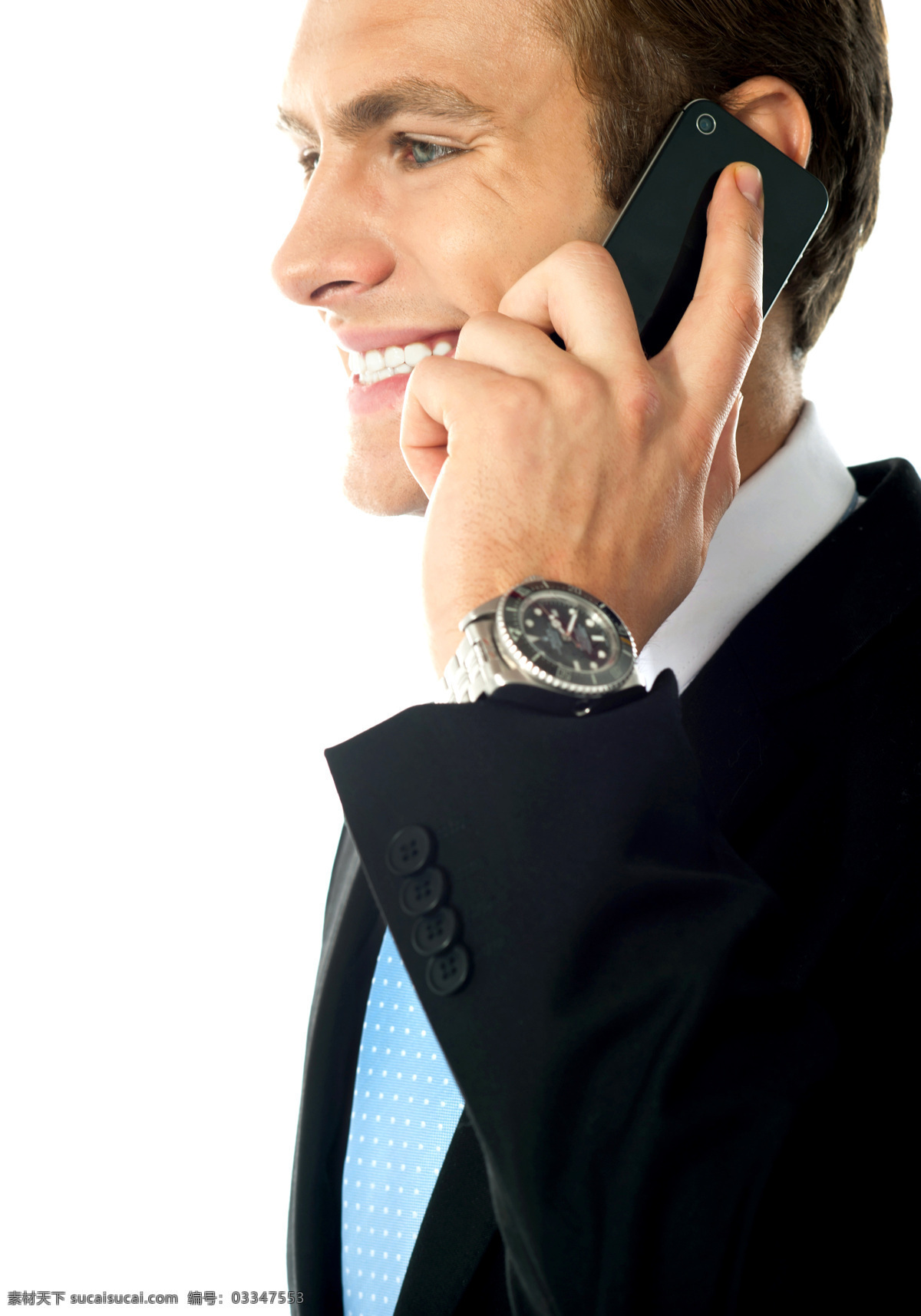 打电话 商务 男人 侧面 手机 微笑 西装领带 职业装 动作 姿势 职业 白领 商务男人 外国男人 帅哥 商务人士 人物图片
