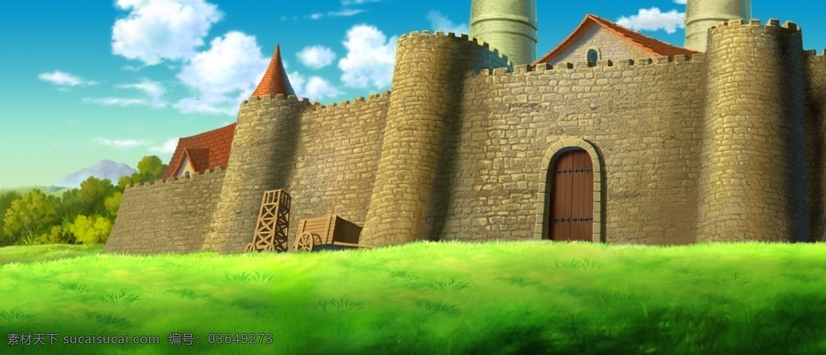 动画背景 城堡 动画 背景 城墙 城门 绿色 草地 蓝天 白云 树 源文件