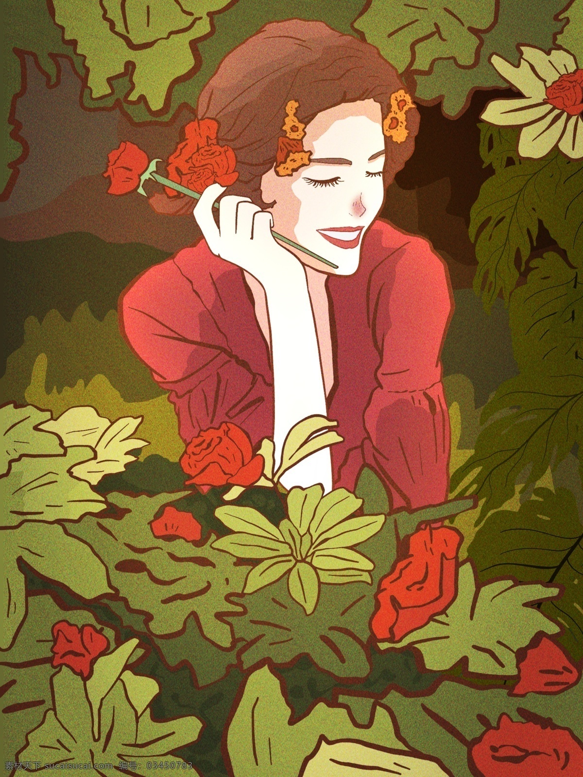早安 你好 少女 花园 采 玫瑰花 治愈 插画 唯美 森林 喜庆 早安你好 早晨 早上 田园 园艺 采花 插花 花艺 花 红花 森系 田园风 微笑 唯美治愈 壁纸 摘花 红裙 花裙 小清新
