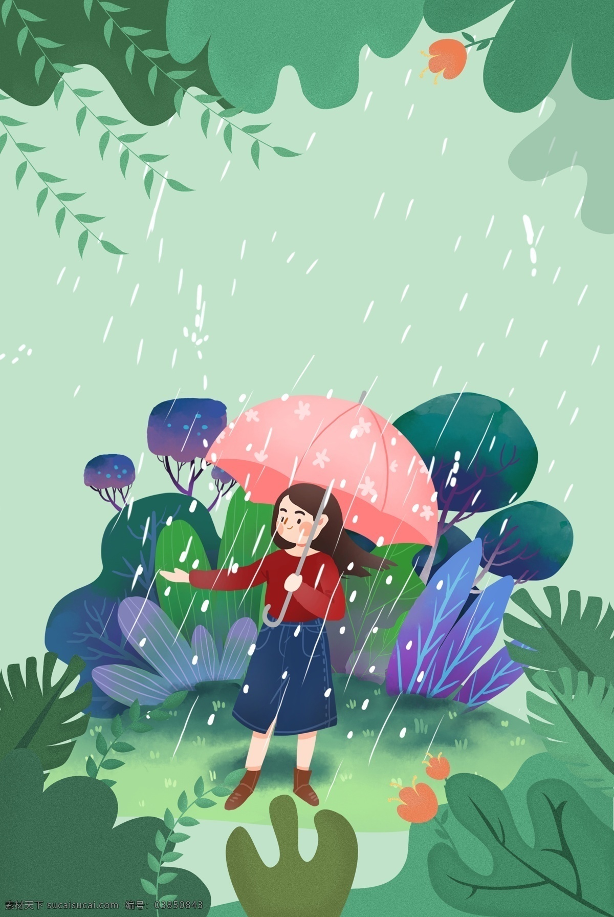 绿色 清明节 下雨 背景 女孩 清明 节气 谷雨 雨水 卡通风 春景 旅游 燕子 草地 海报