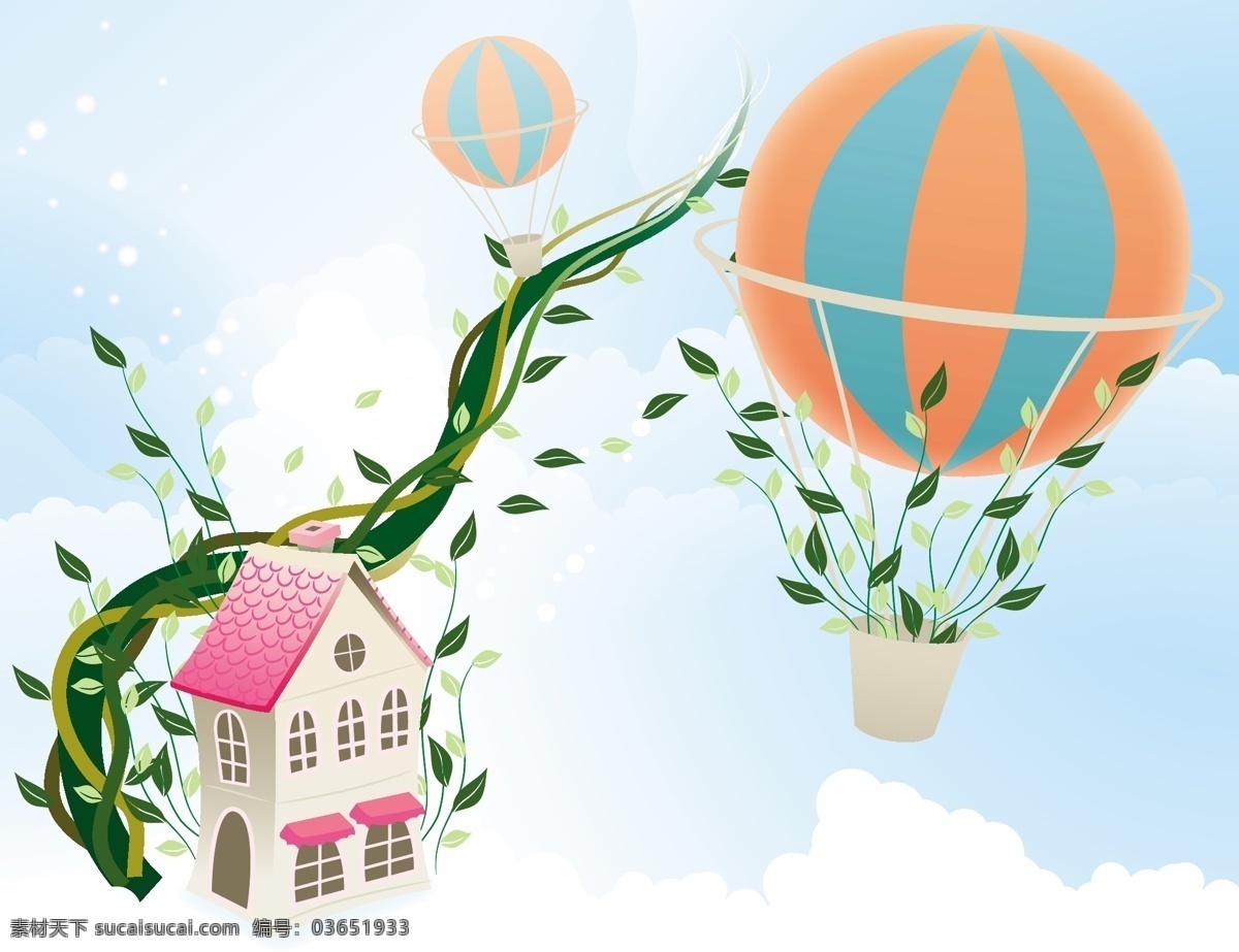 卡通 房子 热气球 房屋 蓝天 矢量素材 藤蔓 矢量图 其他矢量图