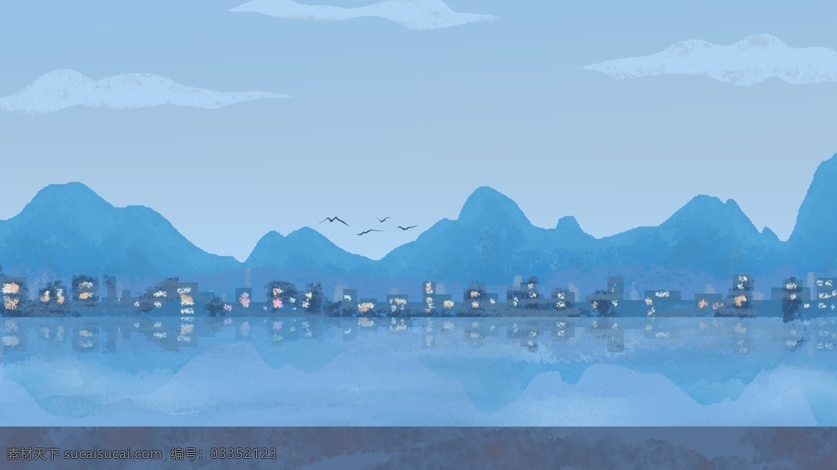 蓝色 唯美 湖面 背景 清新 背景素材 卡通背景 湖面背景 插画背景 广告背景 psd背景 手绘背景