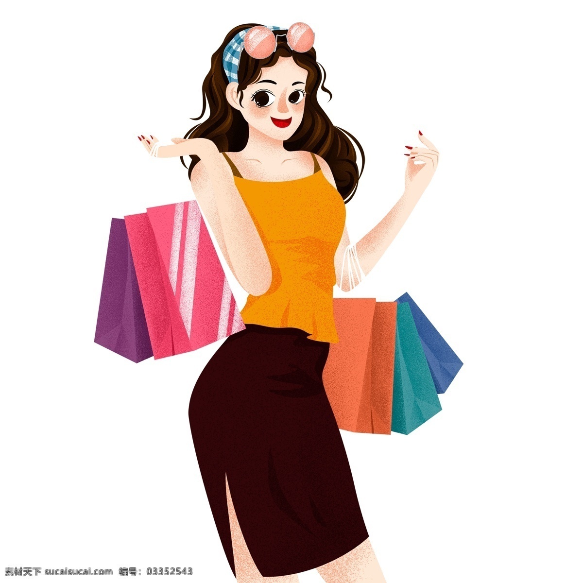 时尚 购物 逛街 女孩 手绘 插画 女性 人物 女人 购物袋