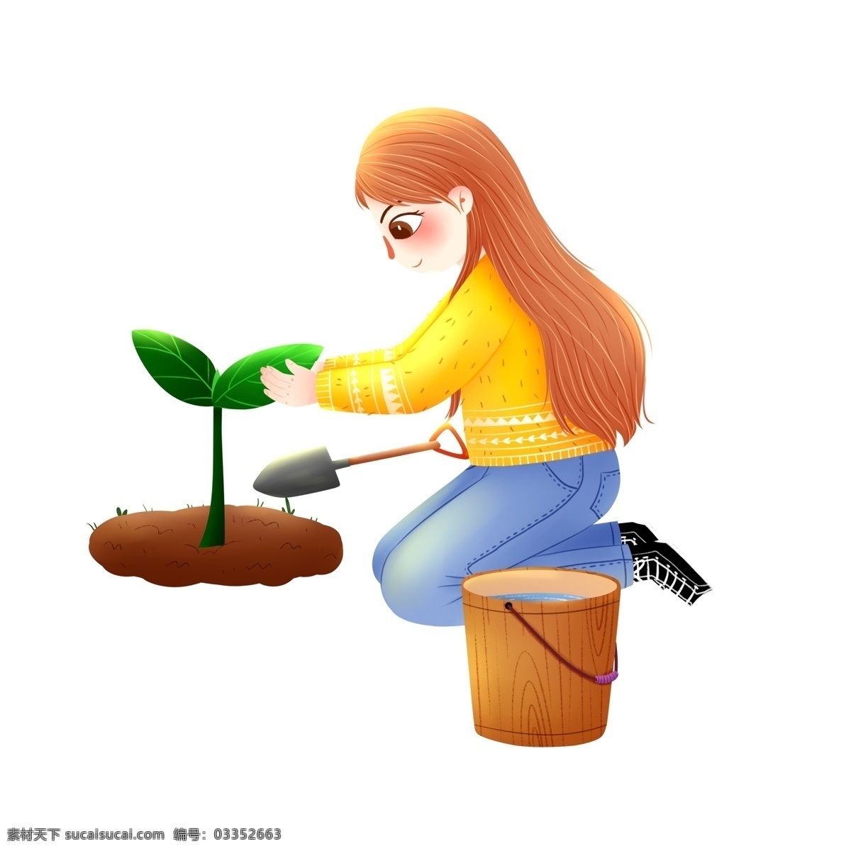 清新 手绘 种树 女孩子 唯美 治愈系 插画 卡通 植树 植树节 春季 小树苗 小铲子 水桶