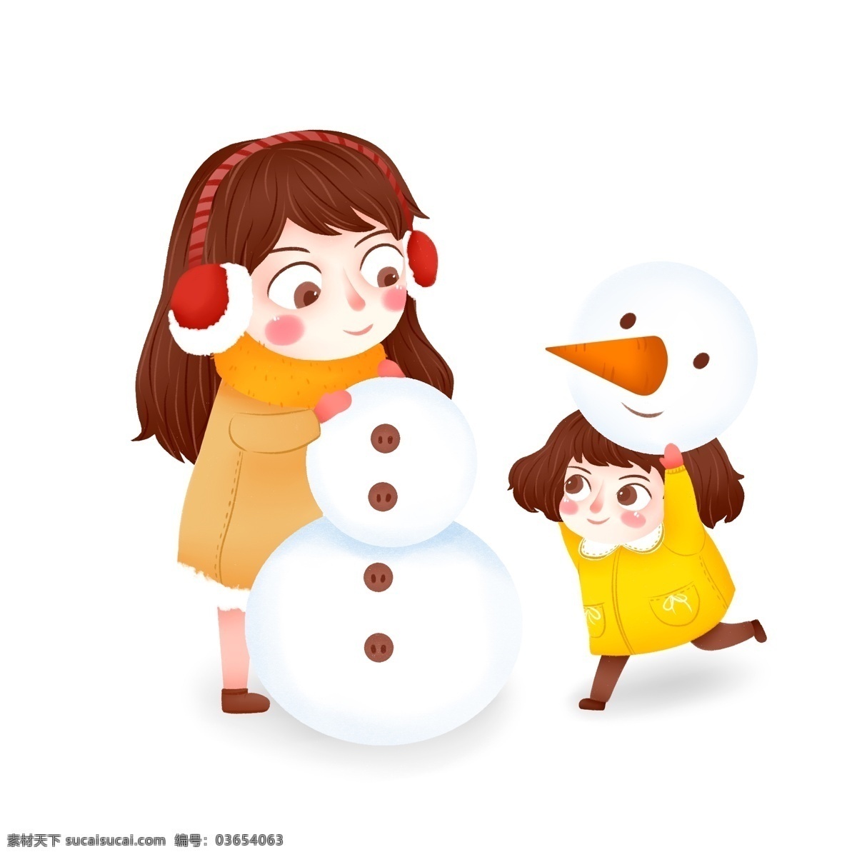 冬天 一起 堆 雪人 小 姐妹 俩 人物 商用 元素 小清新 堆雪人 插画 手绘