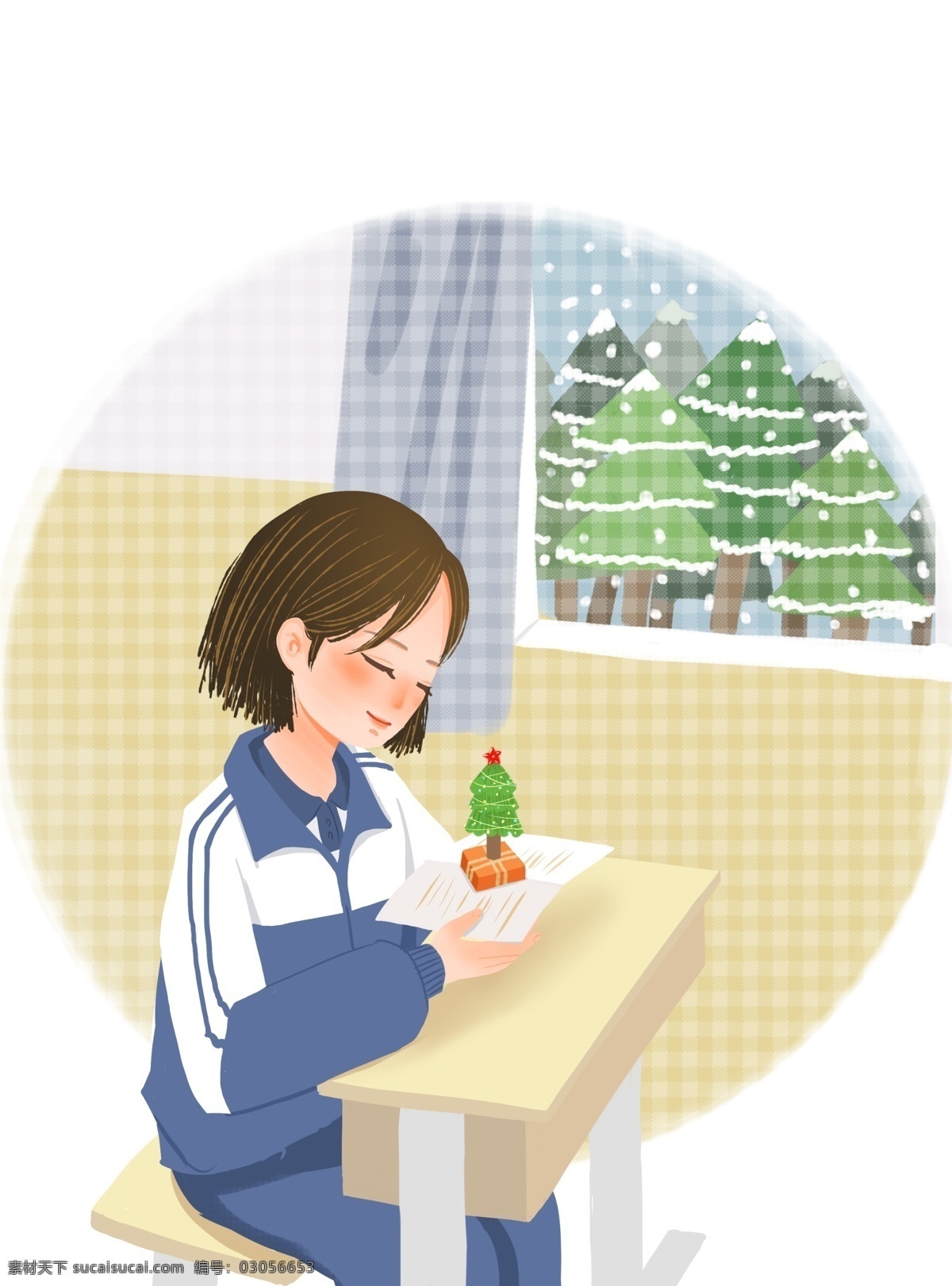 圣诞节 冷色 冬季 手绘 卡通美女 下雪 松树 卡通 美女 圣诞树 学生 冷色调 窗户 可爱 雪景 教师 校服