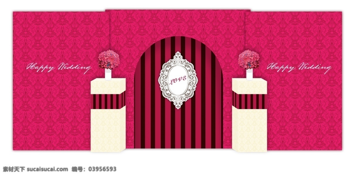 桃红色 婚礼 展示 迎宾 效果图 花艺 桌子 布幔 喷绘