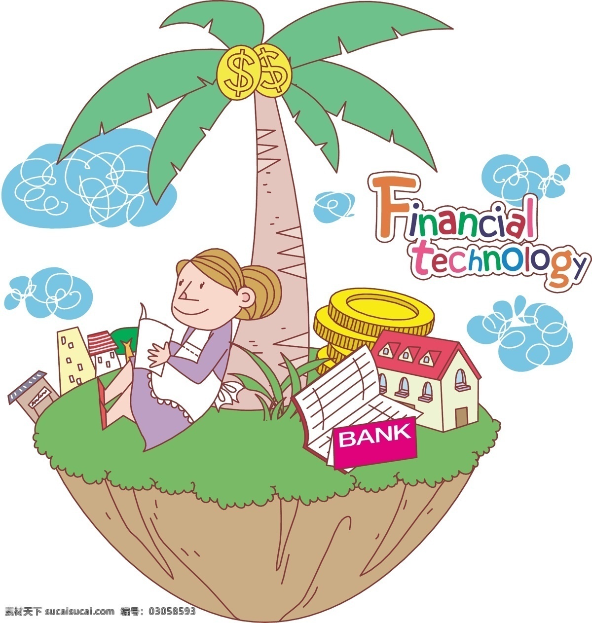 椰子 树下 女孩 房屋 贷款 公积金 金钱 椰子树 学习 存折 漫画 卡通 卡通形象 矢量人物 矢量素材 白色
