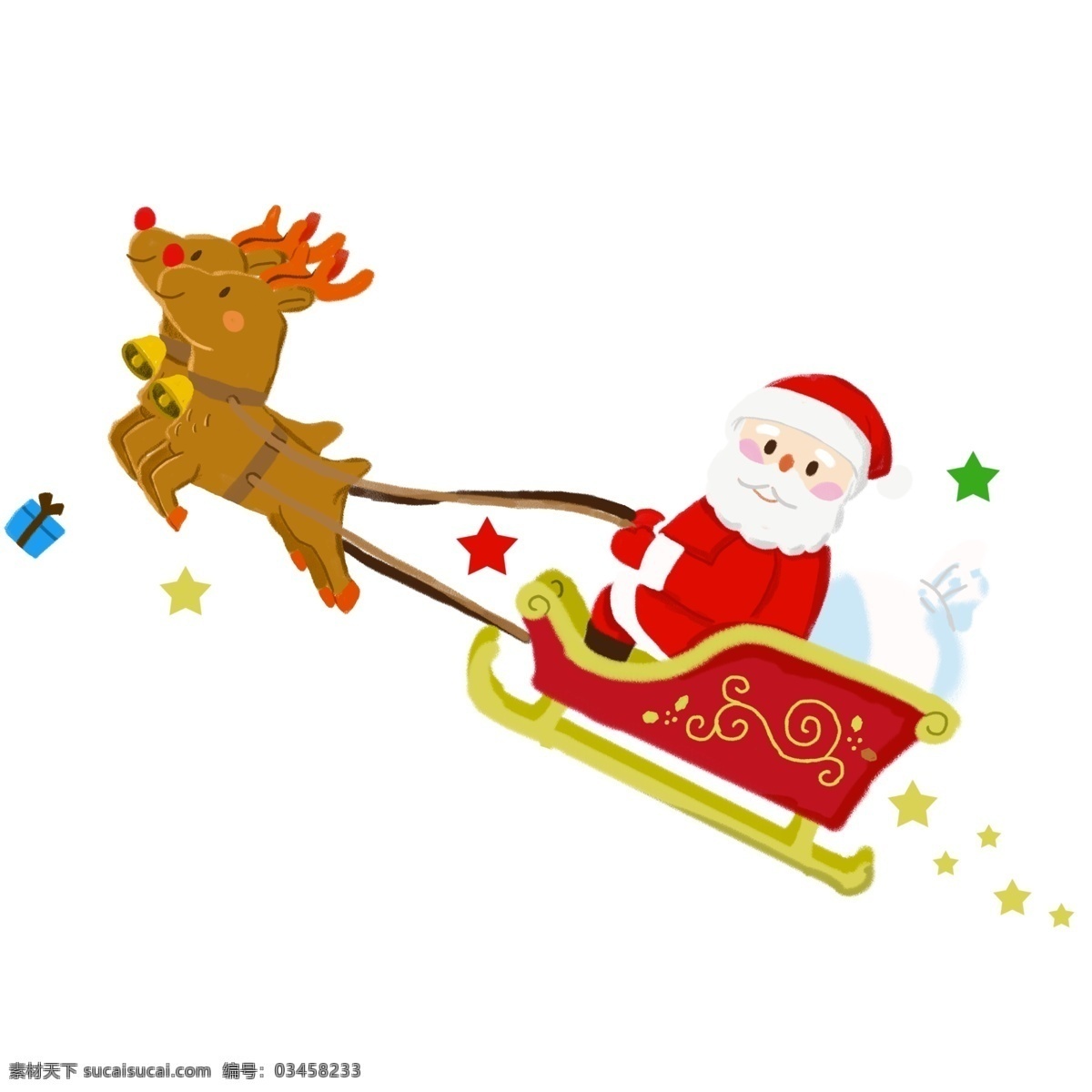 圣诞节 送礼 物 圣诞老人 卡通 手绘 圣诞 圣诞帽 戴 帽 麋鹿 铃铛 礼物 背礼物的老人 欢乐 可爱 雪橇 海报配图