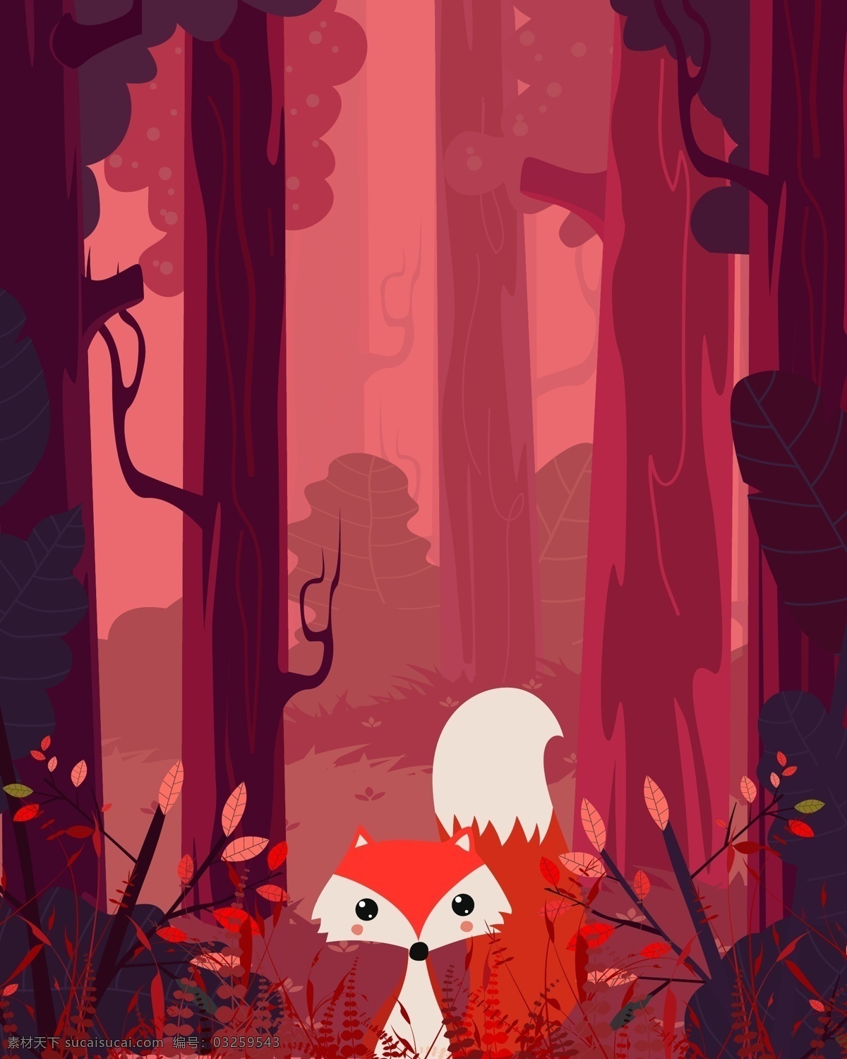 背景 插画 丛林 海报 红色海报 红色森林 狐狸 唯美 红色 森林 矢量 模板