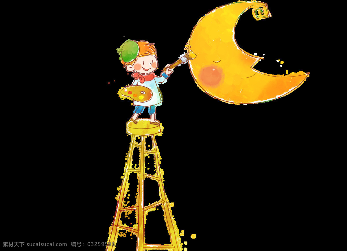 卡通 小 男孩 画 月亮 元素 儿童节 绘画 椅子 童话 颜料盘 png元素 免抠元素 透明元素