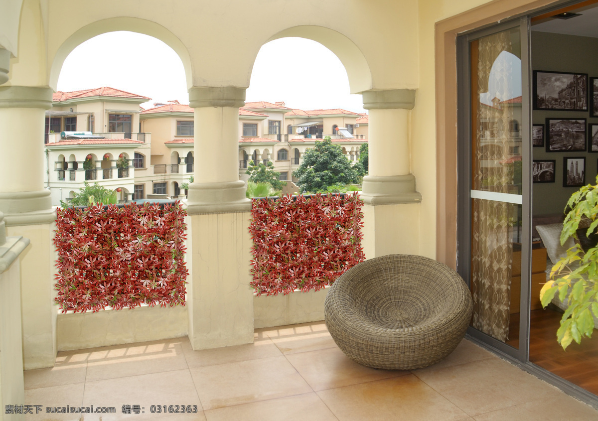 阳台 红色 环境设计 墙面 室内设计 树叶 植物 别墅阳台 仿真植物景观 仿真植物 装饰 家居装饰素材