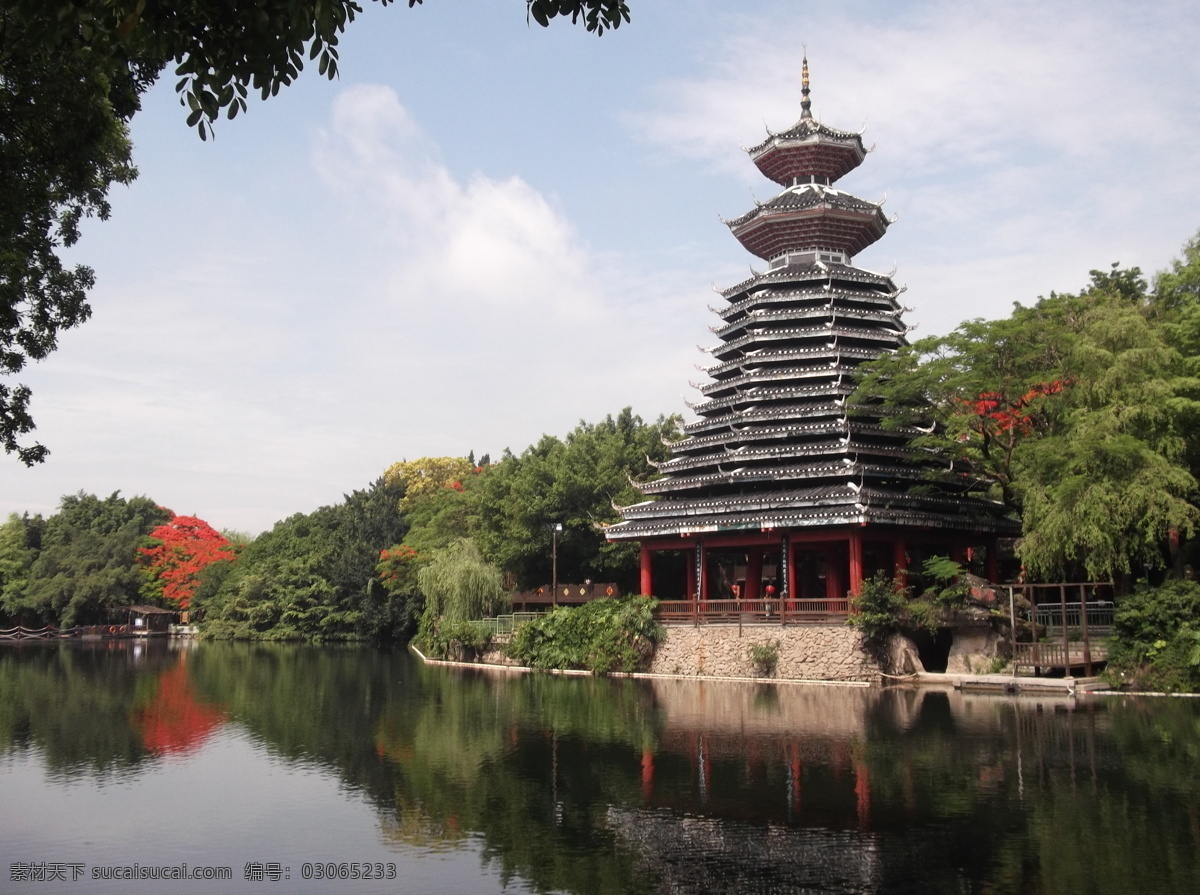 深圳风光 风景 民俗村风景 水面 古塔 倒影 绿树 乌云 摄影作品 文化艺术