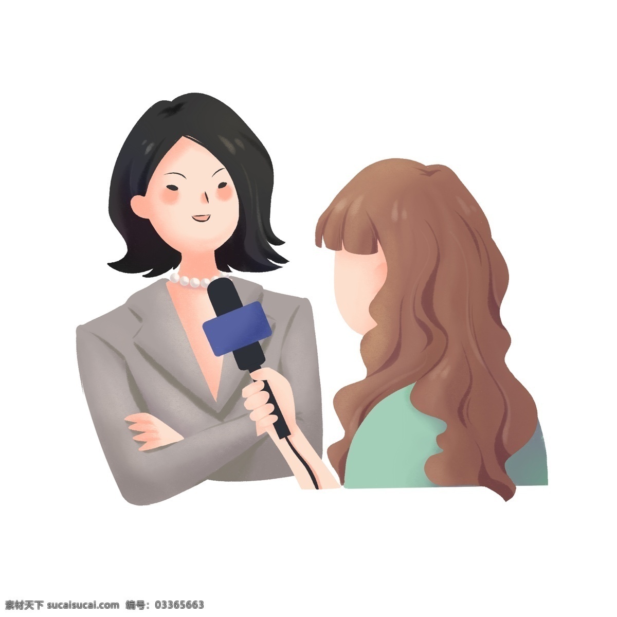 记者 双人 女人 人物 采访 场景 卡通 话筒 麦克风 中国记者日 手绘