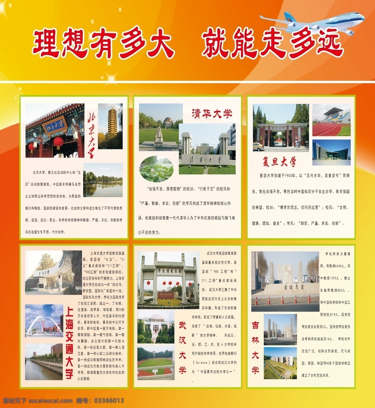 理想有多大 就能走多远 北京大学 清华大学 复旦大学 上海交通大学 武汉大学 吉林大学 大学简介 飞机 红黄背景 星星
