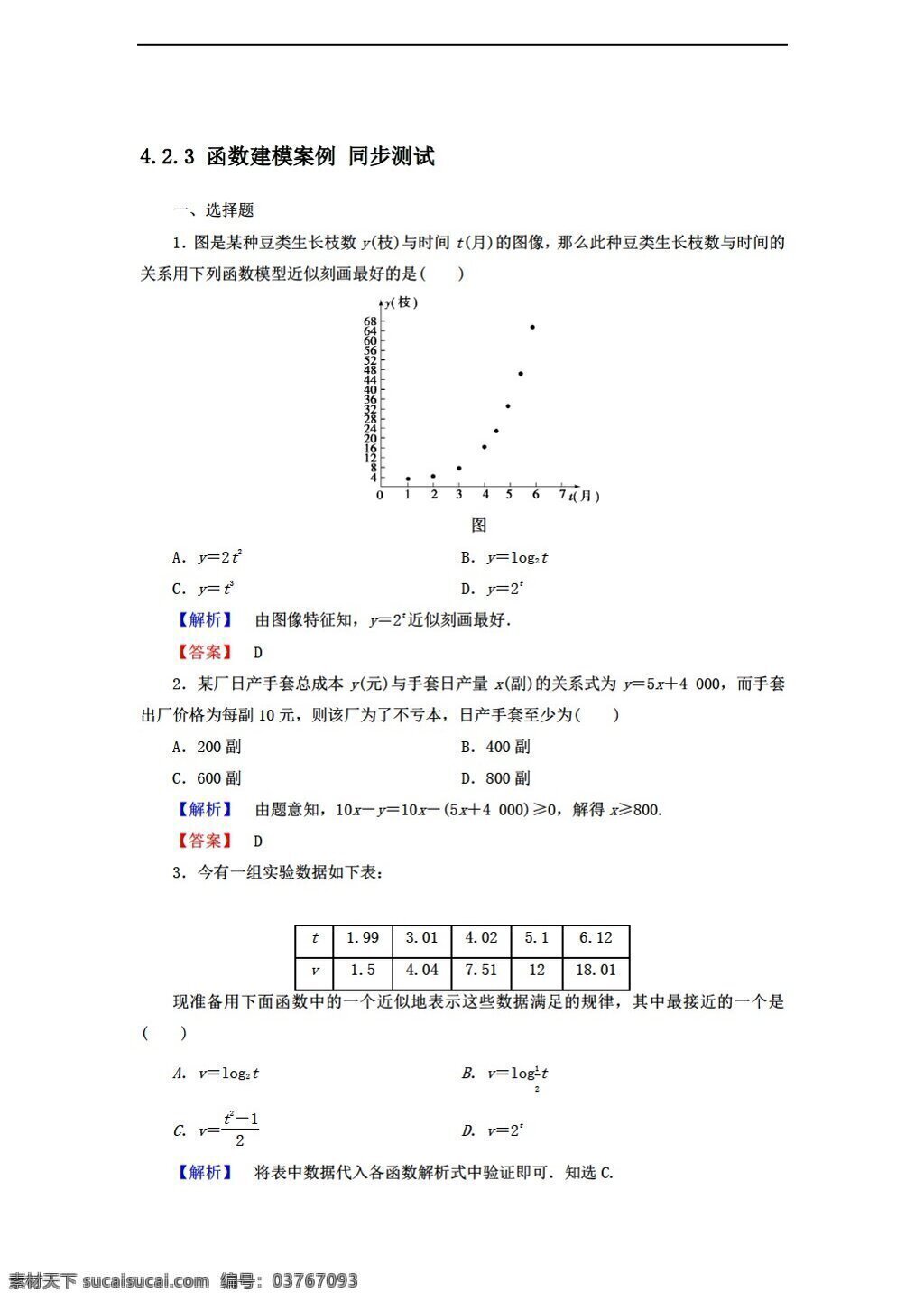 数学 北师大 版 函数建模案例 同步 测试 含 答案 北师大版 必修1 试卷