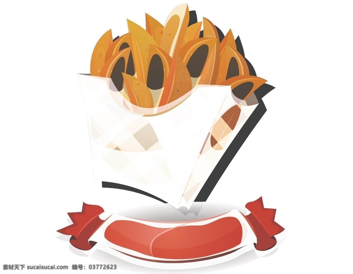 卡通 快餐 薯条 元素 简约 飘带 香肠 手绘 格子包装 纸盒包装 ai元素 矢量元素