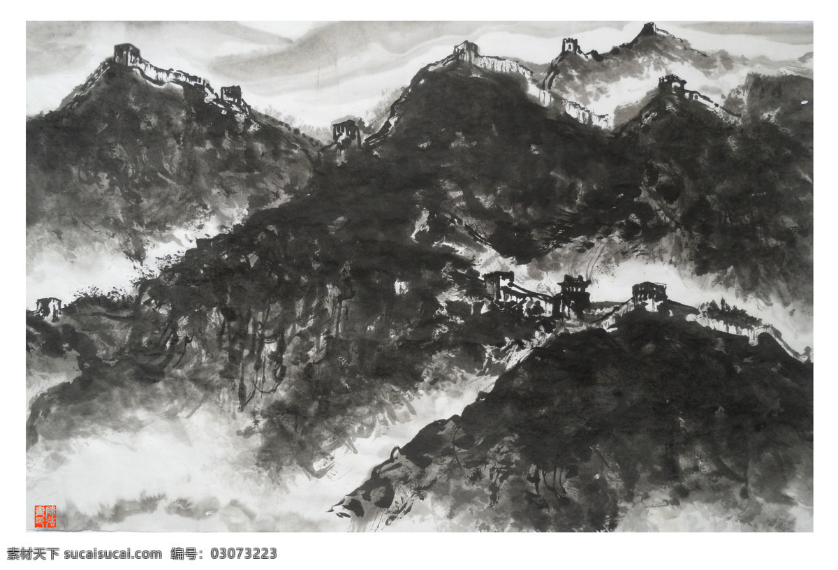 长城 高山 国画山水 绘画书法 群山 山 山峰 山峦 中国画 山水画 纸本设色 山坡 云雾 杂树 印章 陈强 国画作品 文化艺术 装饰素材 雕刻 图案