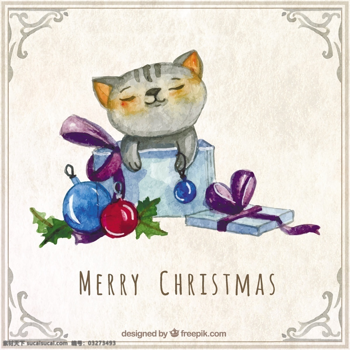 水彩猫圣诞卡 圣诞节 水彩 卡 猫 圣诞快乐 冬天快乐 圣诞卡 圣诞 庆祝 节日 节日快乐 十二月的季节 白色