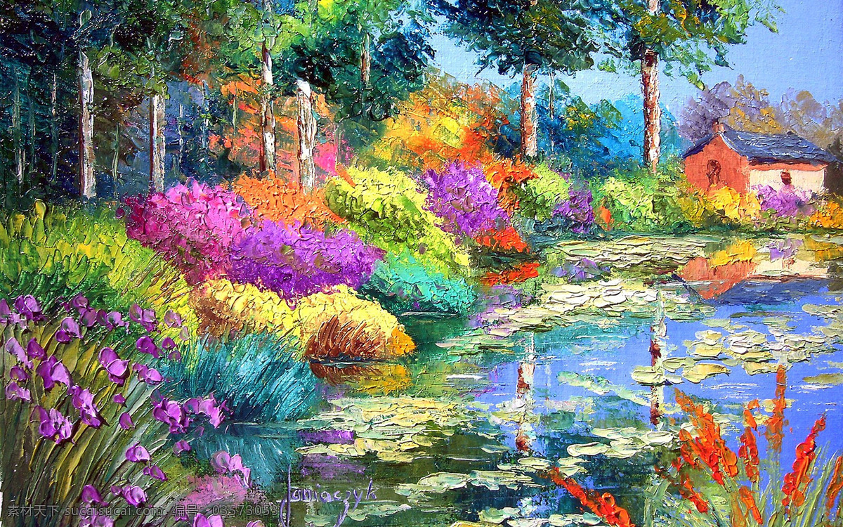 田园花香 美术 油画 风景 田园 庭园 花木 花草 花朵 水池 树木 油画艺术 绘画书法 文化艺术